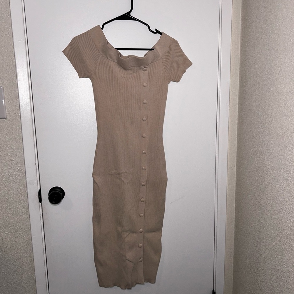 Eva Mendes for New York & Company Tan Midi Off The Shoulder Dress